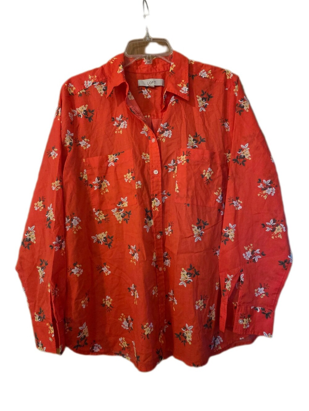 Loft Coral Floral Button Down Shirt Cottagecore Feminine 100%Cotton Size Large